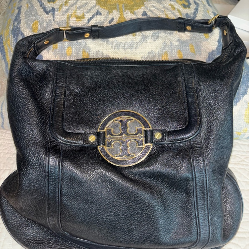 Tory Burch Black Leather Shoulder Bag with Gold Accents